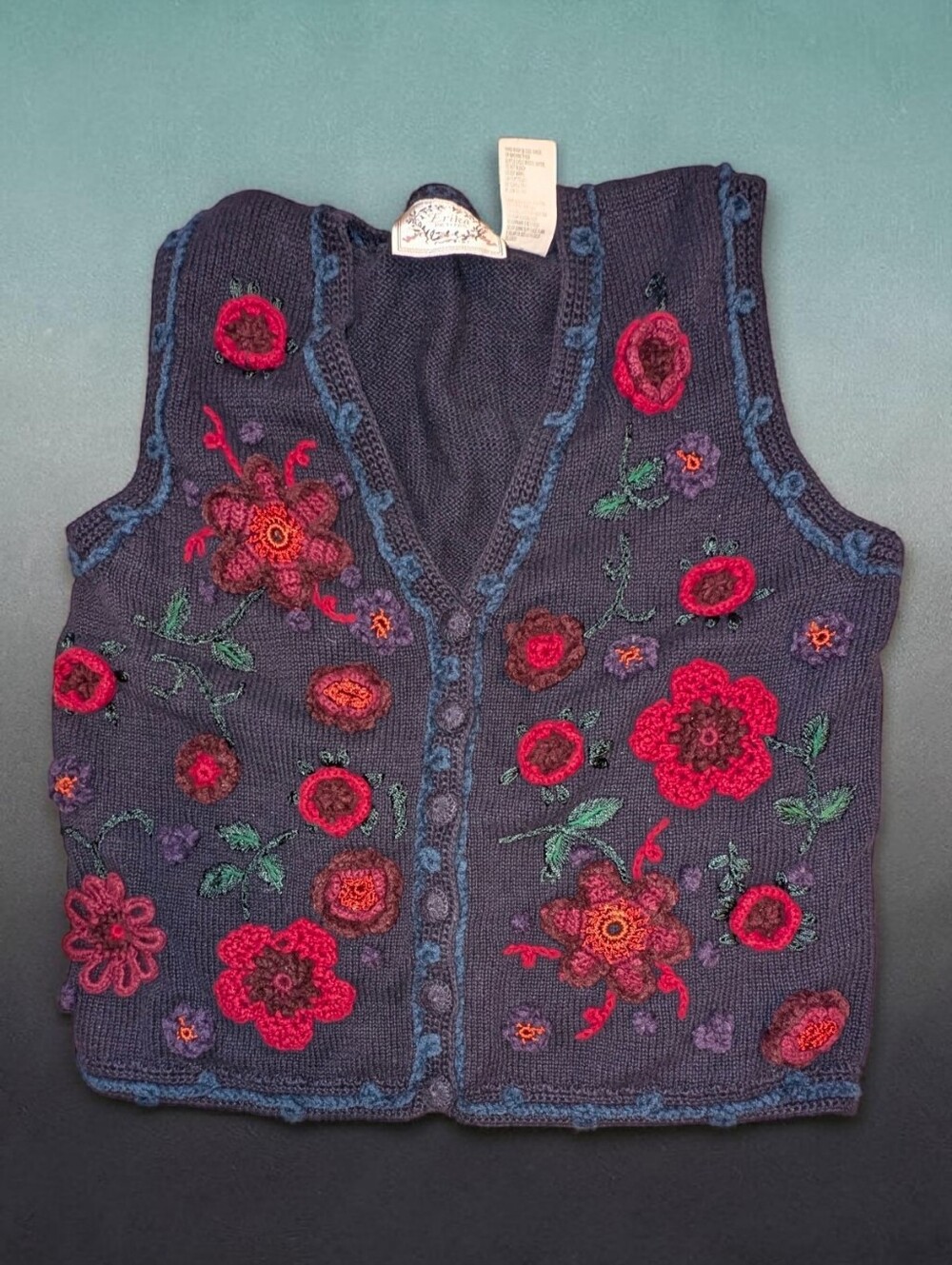 Vintage Erika Navy Blue Floral Crochet Vest with Red & Green Accents